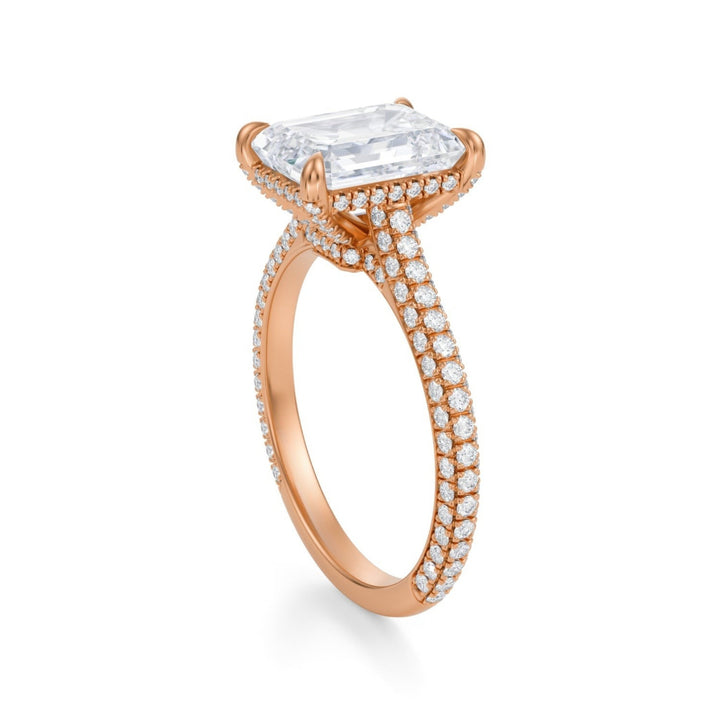 Emerald Trio Pave Cathedral Ring With Low Pave Basket