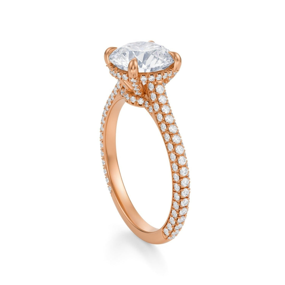 Round Trio Pave Cathedral Ring With Low Pave Basket
