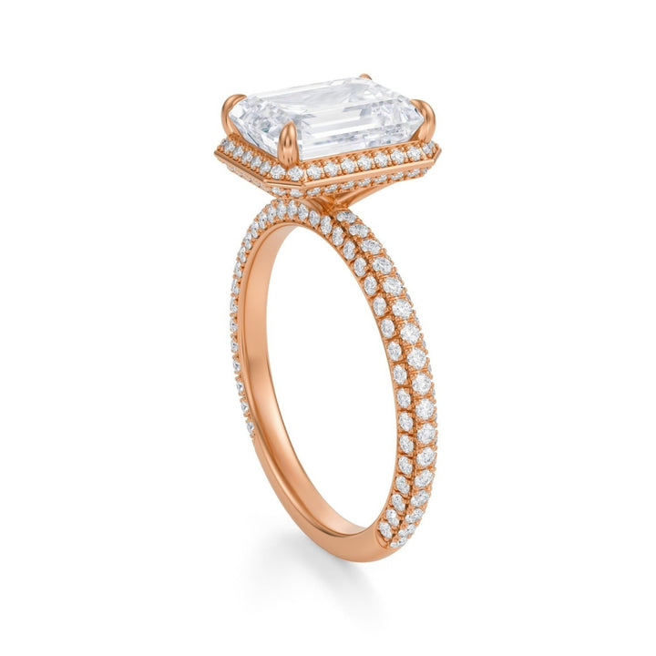 Emerald Knife Edge Halo With Trio Pave Ring