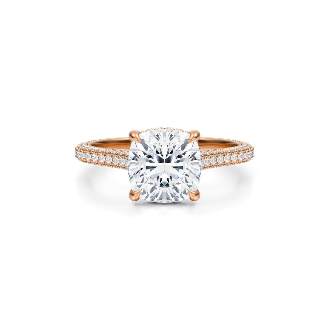 Cushion Trio Pave Cathedral Ring With Pave Basket