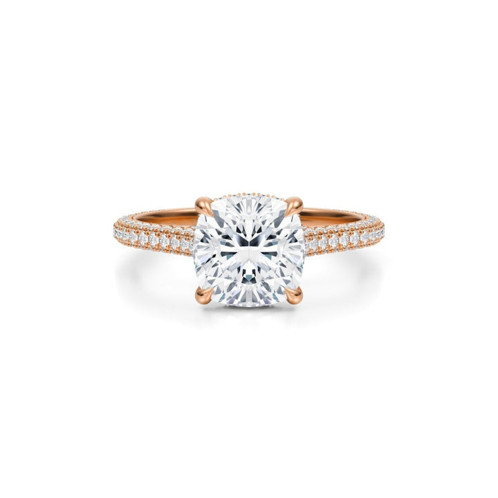 Cushion Trio Pave Cathedral Ring With Pave Basket
