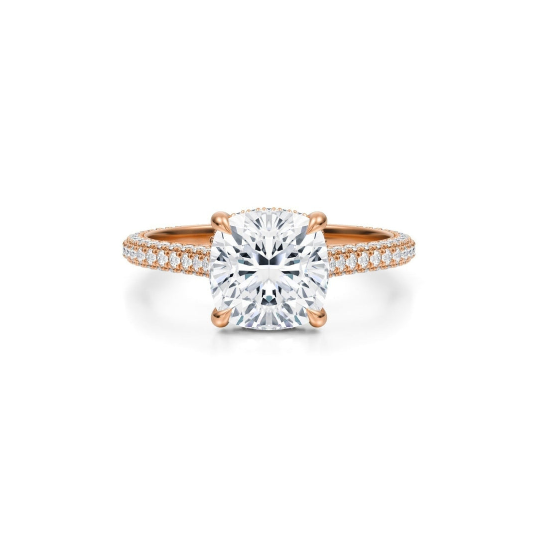 Cushion Trio Pave Cathedral Ring With Low Pave Basket
