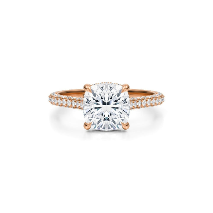 Cushion Trio Pave Cathedral Ring With Low Pave Basket