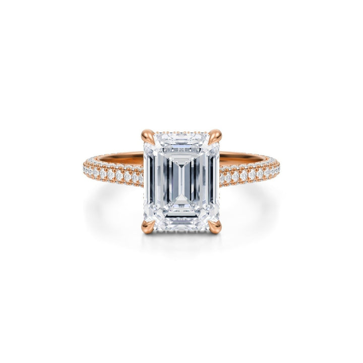 Emerald Trio Pave Cathedral Ring With Low Pave Basket