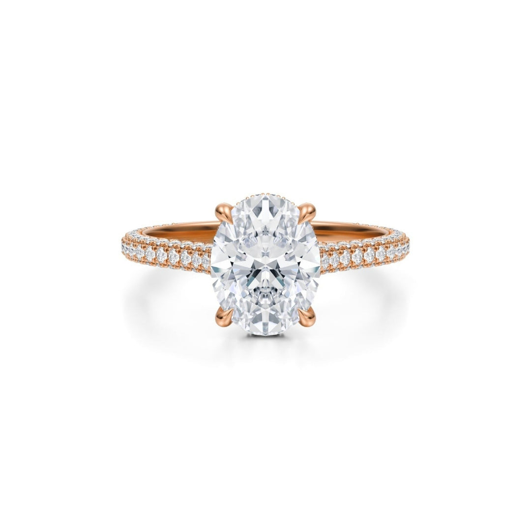 Oval Trio Pave Cathedral Ring With Low Pave Basket