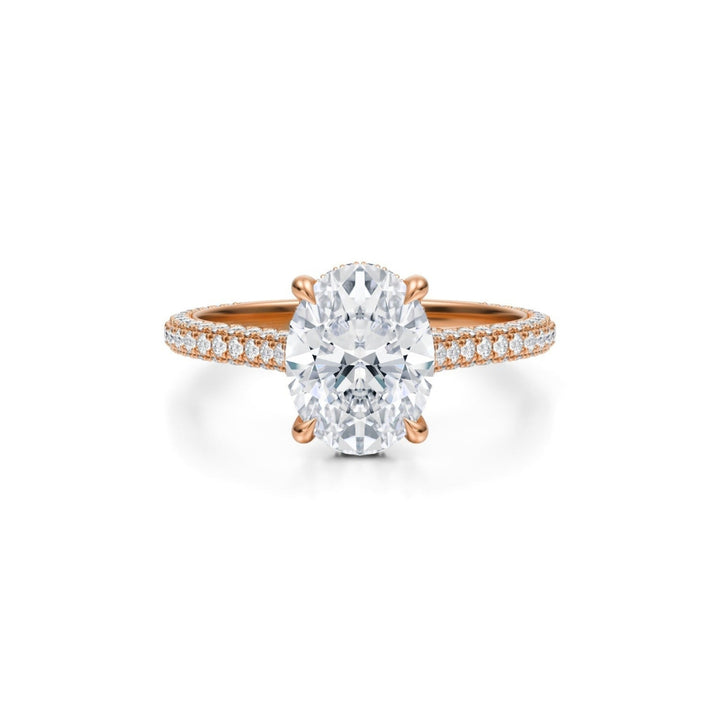 Oval Trio Pave Cathedral Ring With Low Pave Basket