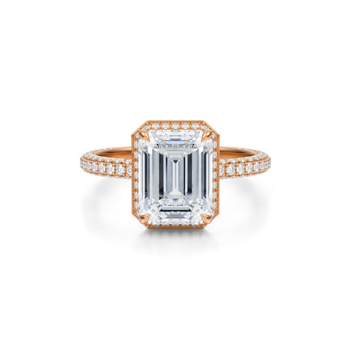 Emerald Knife Edge Halo With Trio Pave Ring