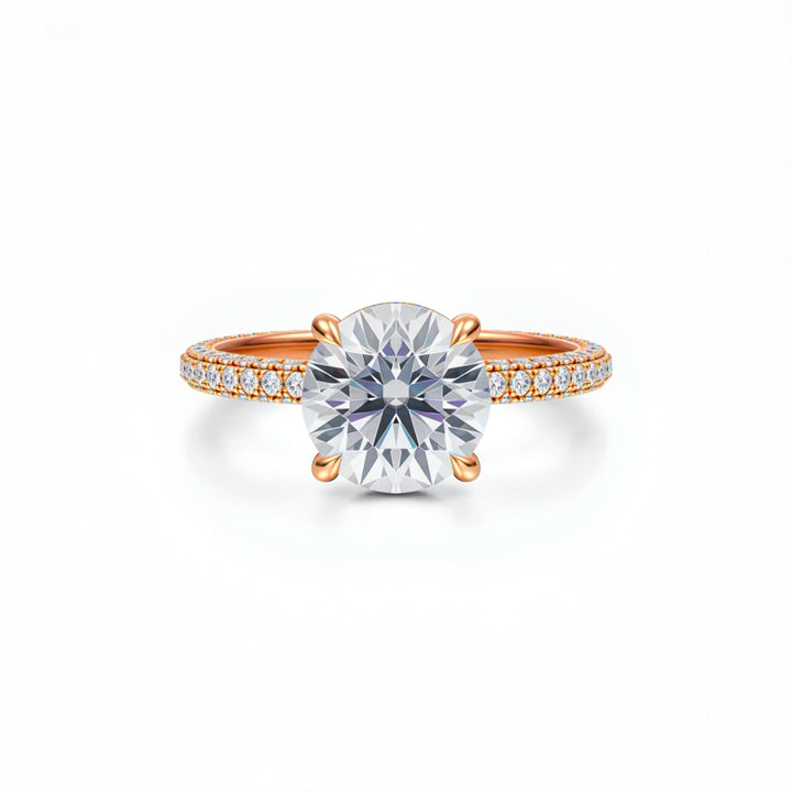 Round Diamond Basket With Three Row Pave Ring