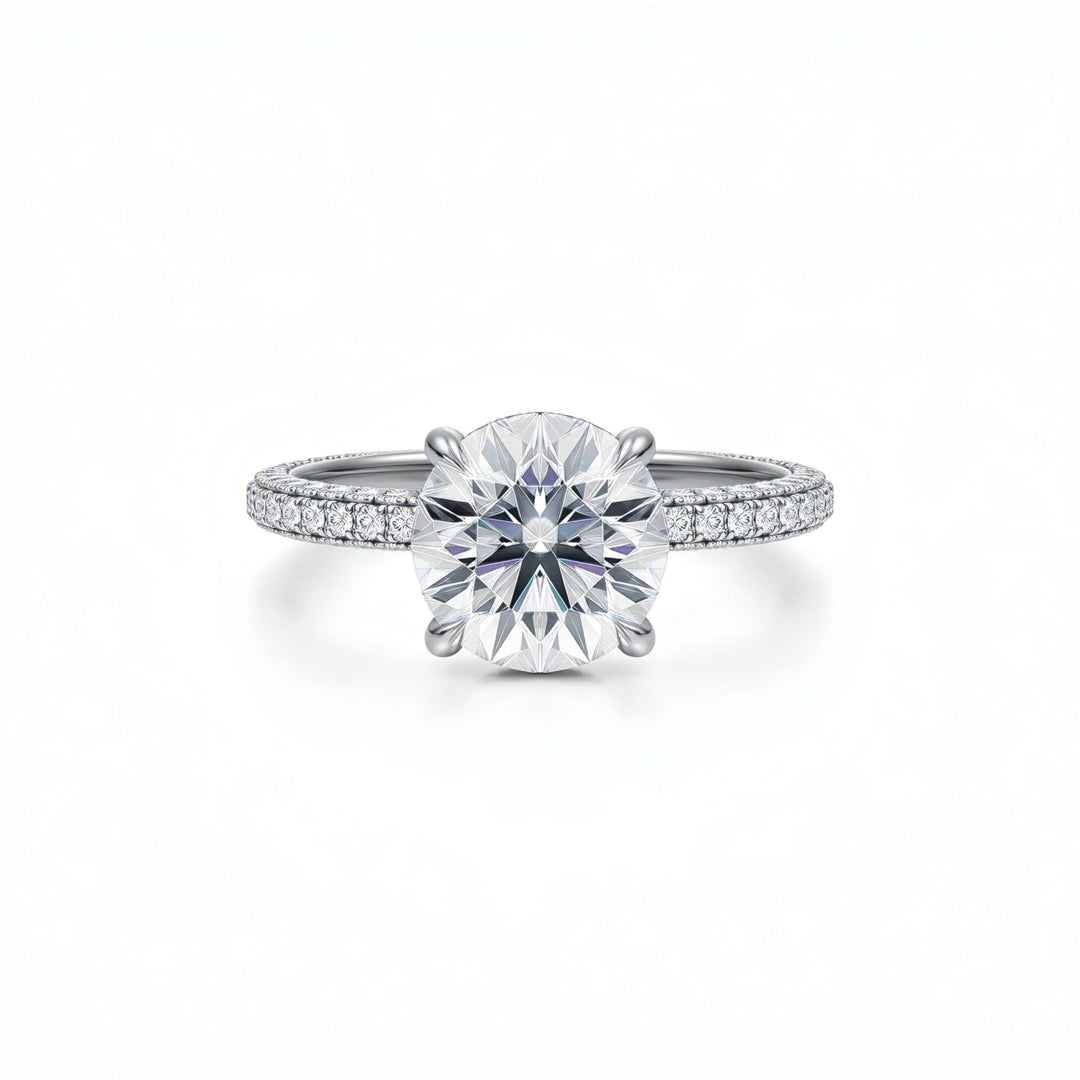 Round Diamond Basket With Three Row Pave Ring