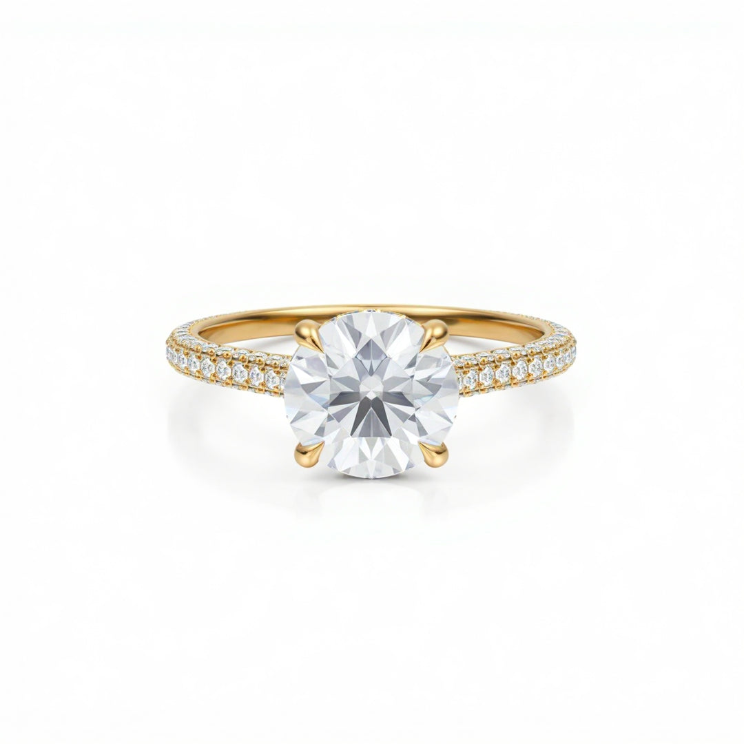 Round Three Row Pave Cathedral Ring With Diamond Basket