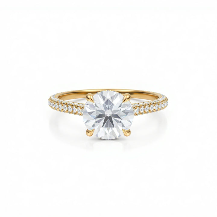 Round Three Row Pave Cathedral Ring With Diamond Basket