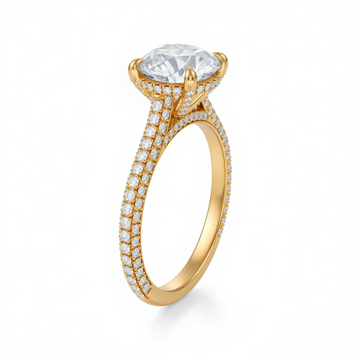 Round Three Row Pave Cathedral Ring With Diamond Basket