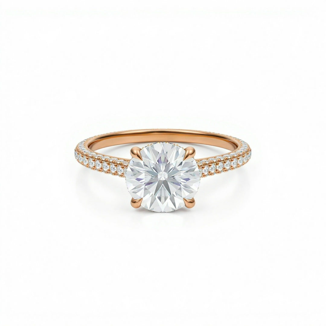 Round Three Row Pave Cathedral Ring With Diamond Basket
