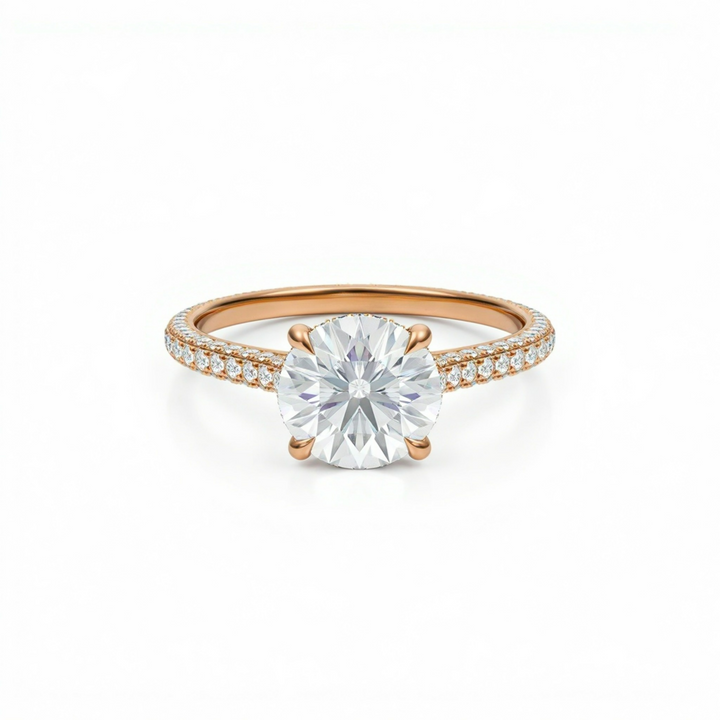 Round Three Row Pave Cathedral Ring With Diamond Basket