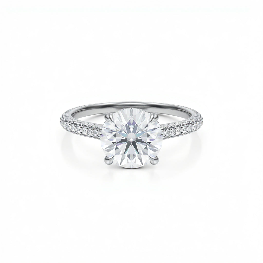 Round Three Row Pave Cathedral Ring With Diamond Basket