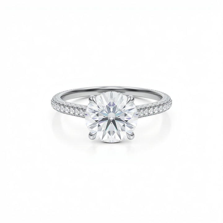 Round Three Row Pave Cathedral Ring With Diamond Basket