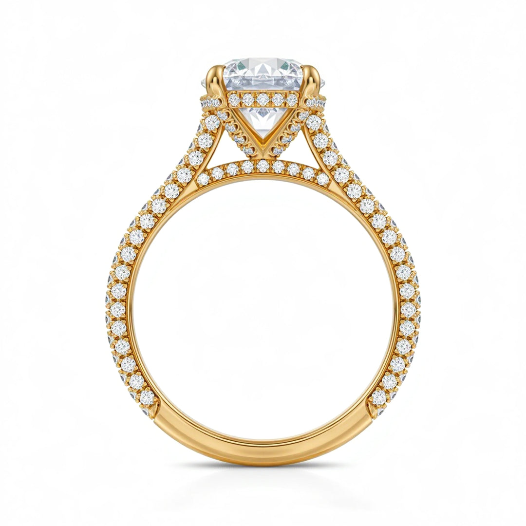 Round Three Row Pave Cathedral Ring With Diamond Basket