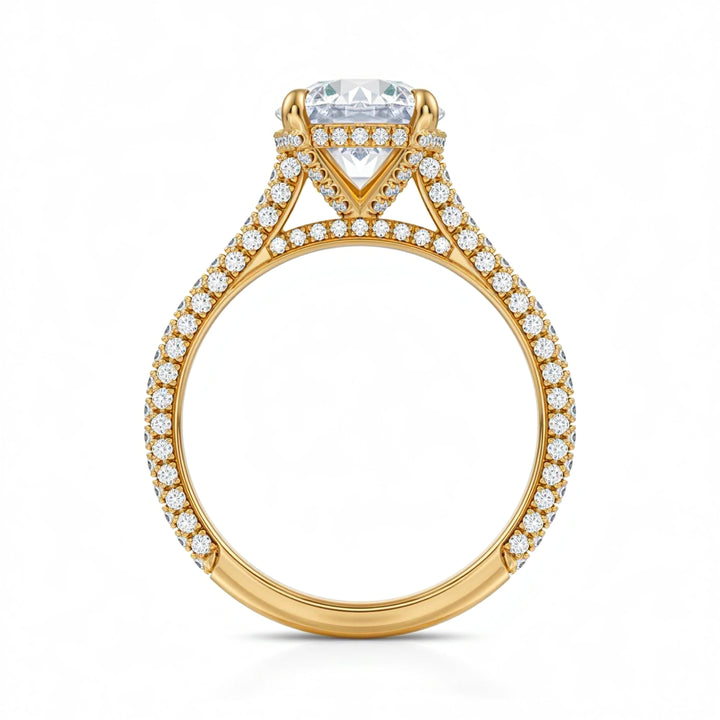 Round Three Row Pave Cathedral Ring With Diamond Basket