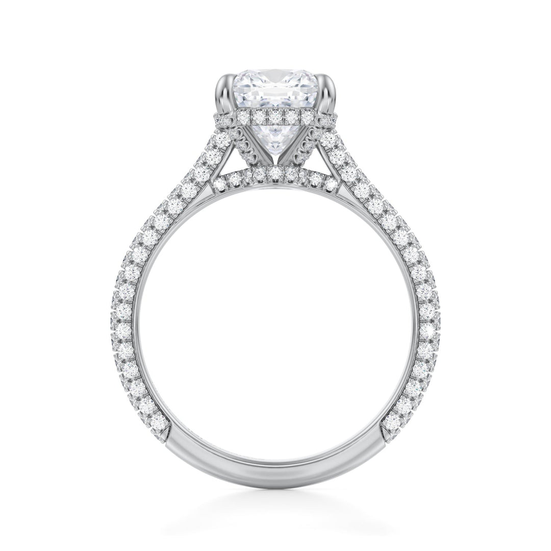 Cushion Trio Pave Cathedral Ring With Low Pave Basket
