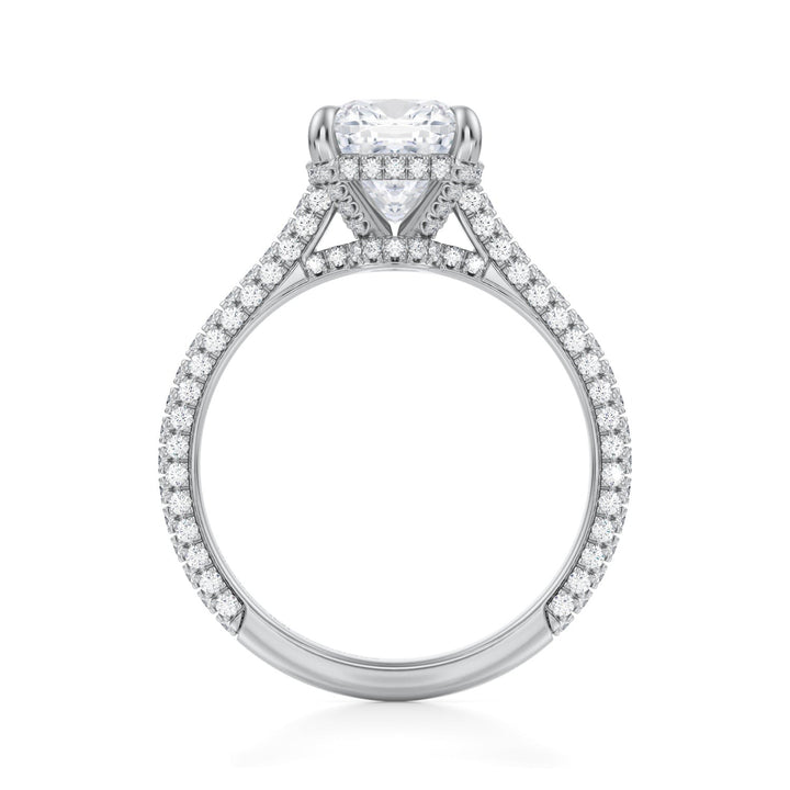 Cushion Trio Pave Cathedral Ring With Low Pave Basket