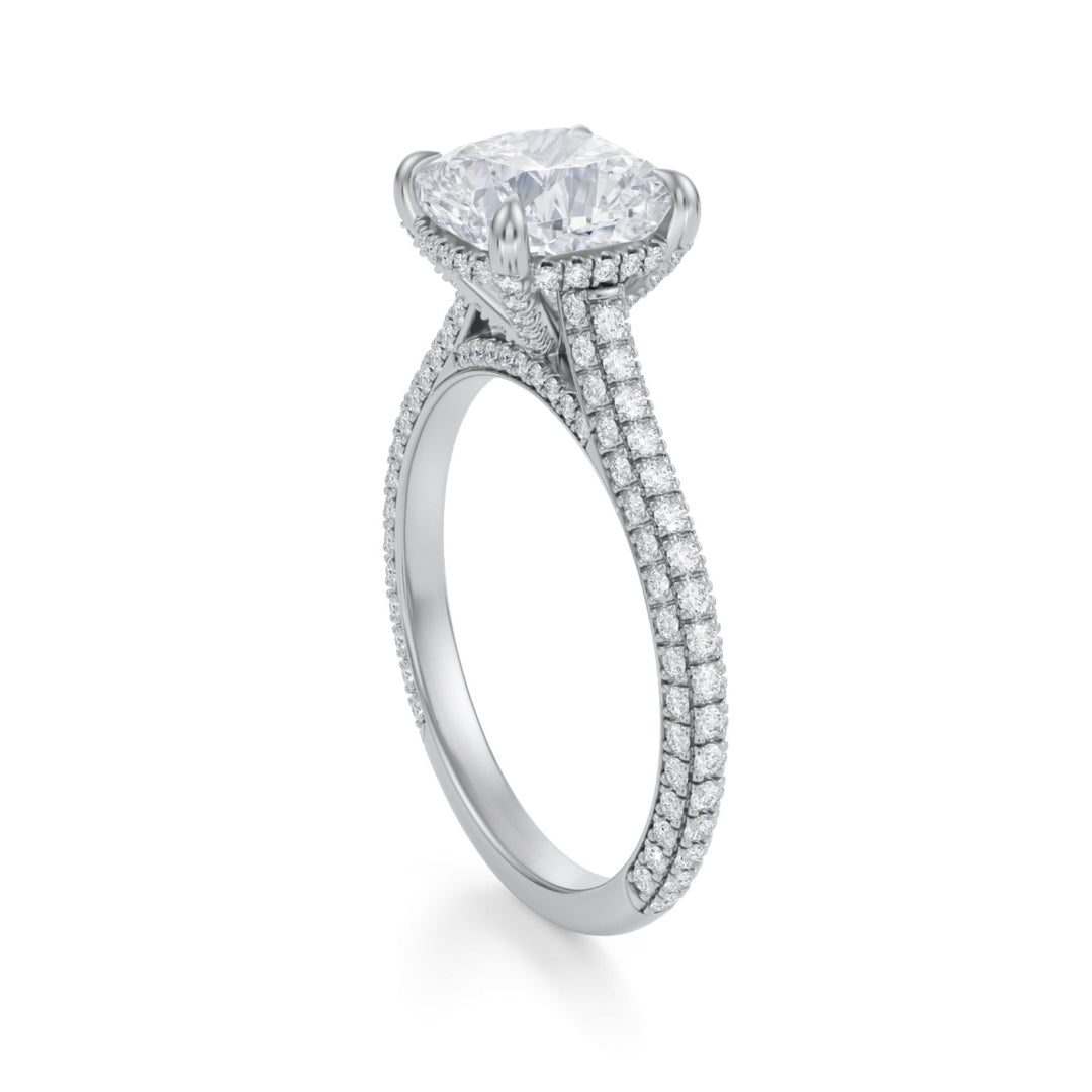 Cushion Trio Pave Cathedral Ring With Pave Basket