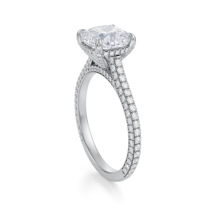 Cushion Trio Pave Cathedral Ring With Pave Basket
