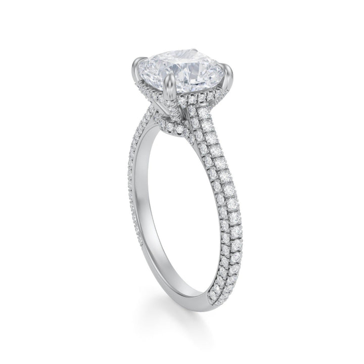 Cushion Trio Pave Cathedral Ring With Low Pave Basket