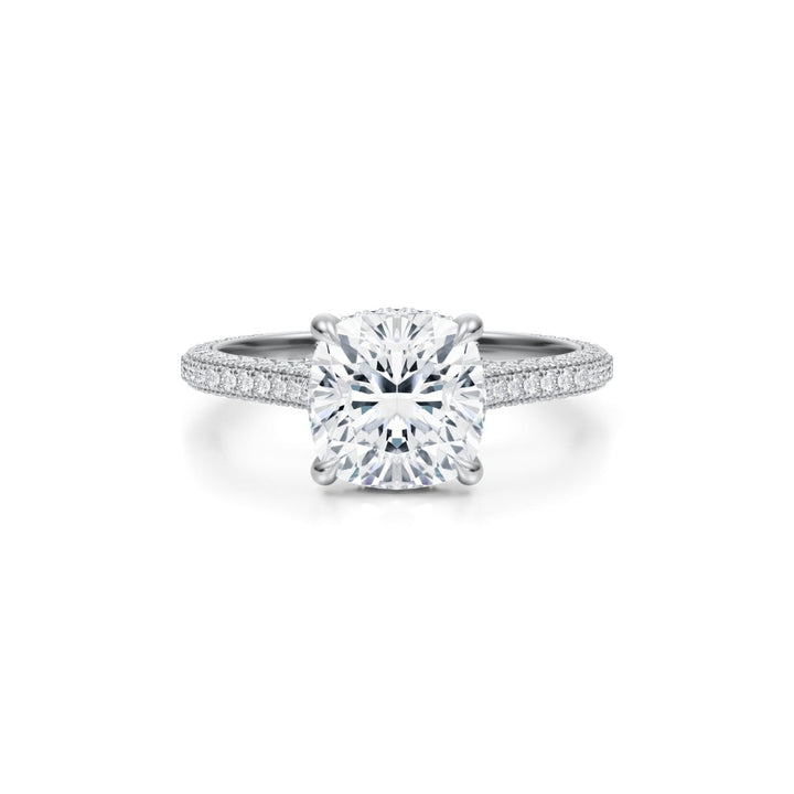 Cushion Trio Pave Cathedral Ring With Pave Basket