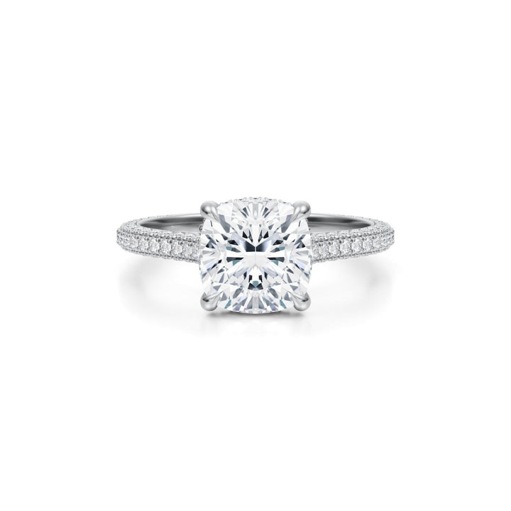 Cushion Trio Pave Cathedral Ring With Low Pave Basket