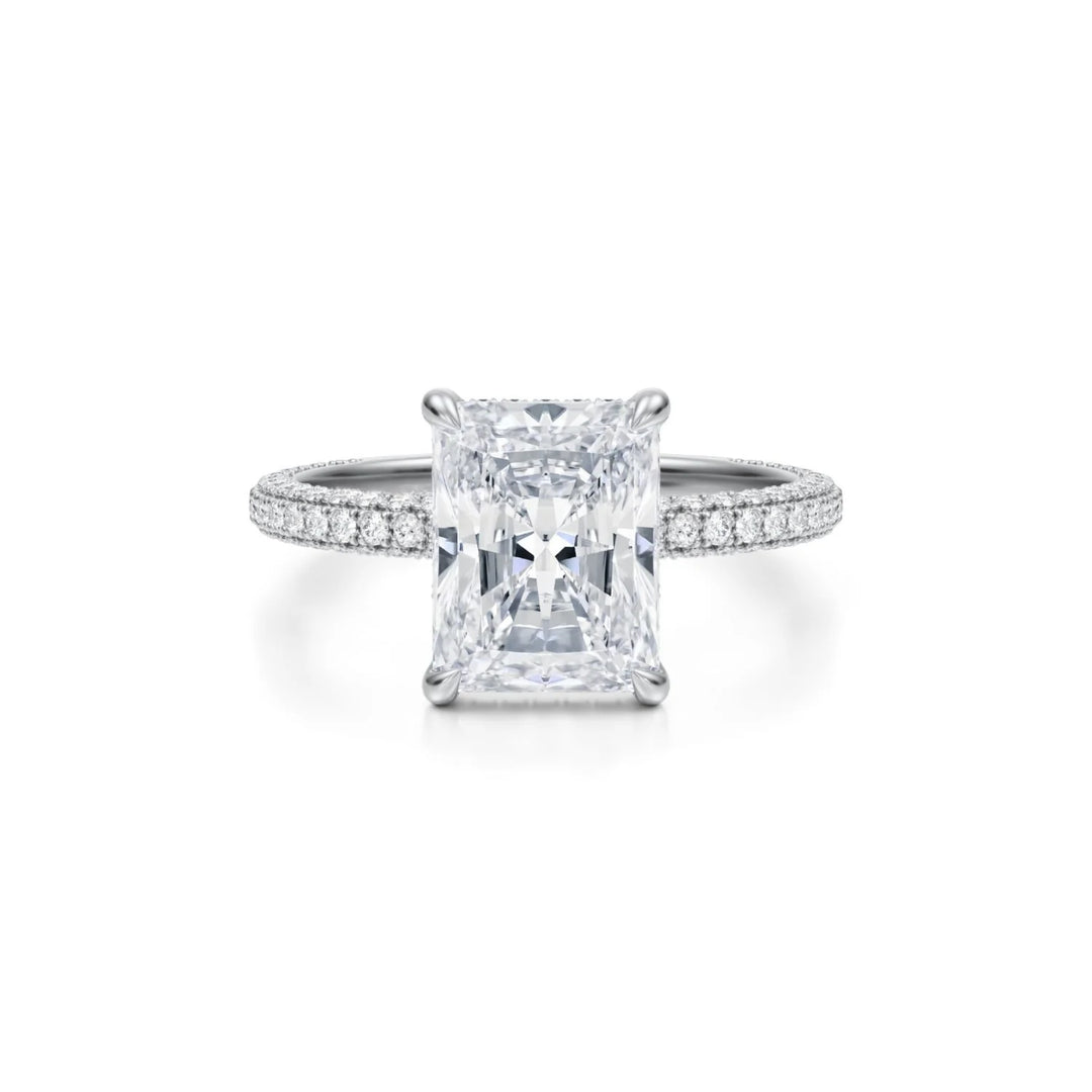 Radiant Hidden Halo With Three Row Pave Ring (18K White Gold)