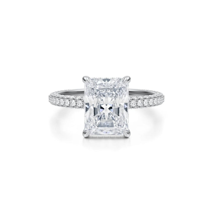 Radiant Hidden Halo With Three Row Pave Ring (18K White Gold)