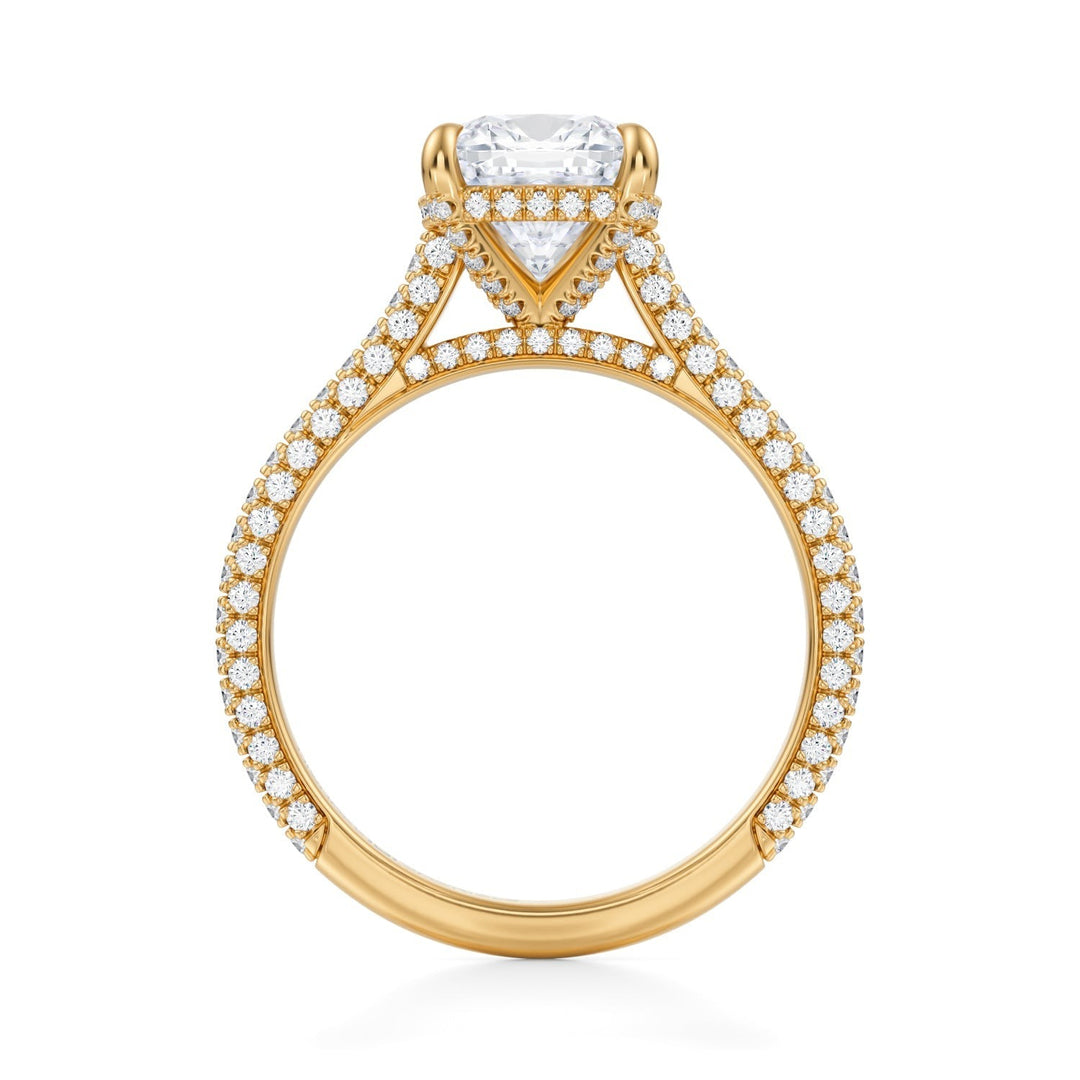 Cushion Trio Pave Cathedral Ring With Pave Basket