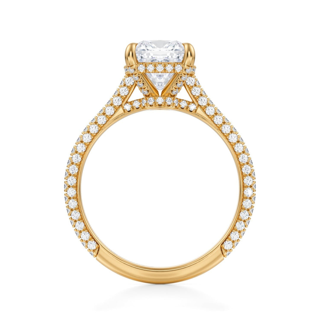 Cushion Trio Pave Cathedral Ring With Low Pave Basket