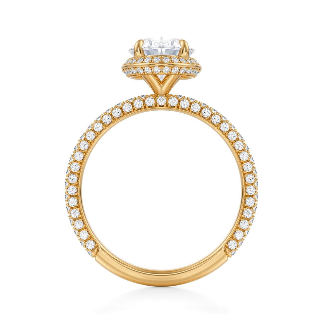 Oval Knife Edge Halo With Trio Pave Ring