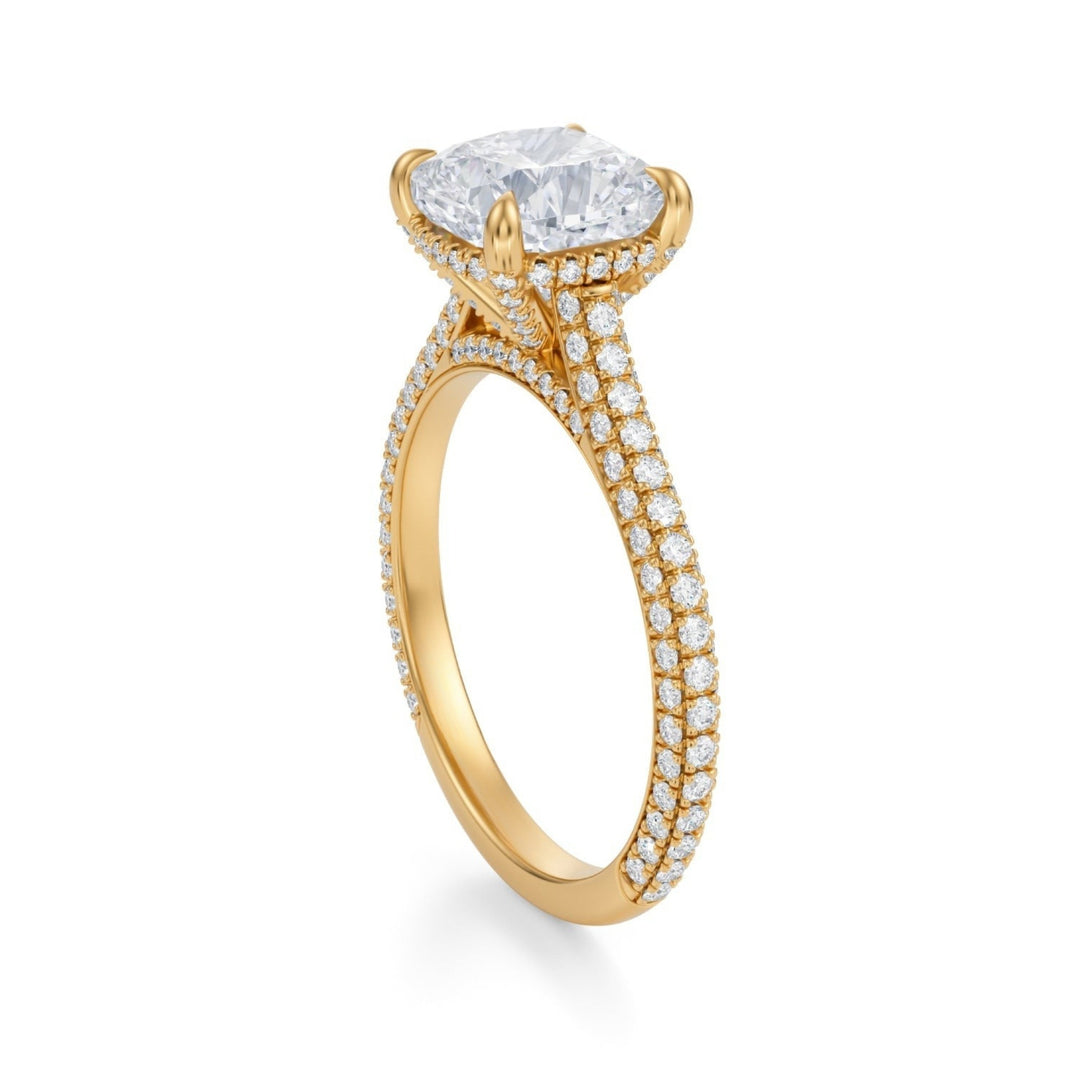 Cushion Trio Pave Cathedral Ring With Pave Basket