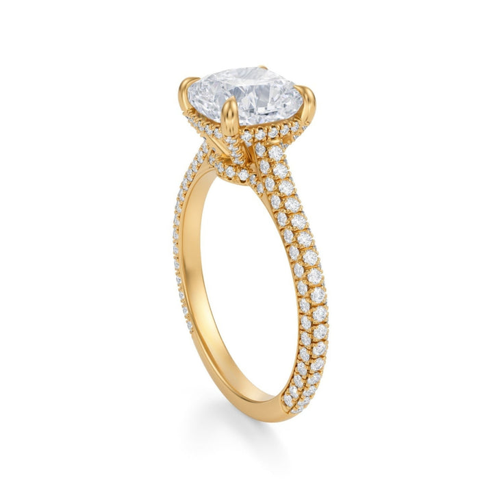 Cushion Trio Pave Cathedral Ring With Low Pave Basket