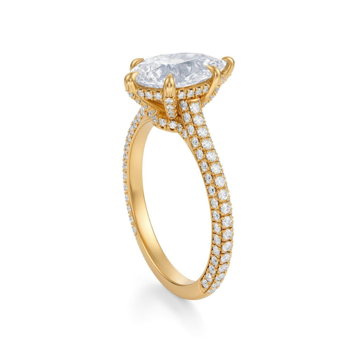 Pear Trio Pave Cathedral Ring With Low Pave Basket