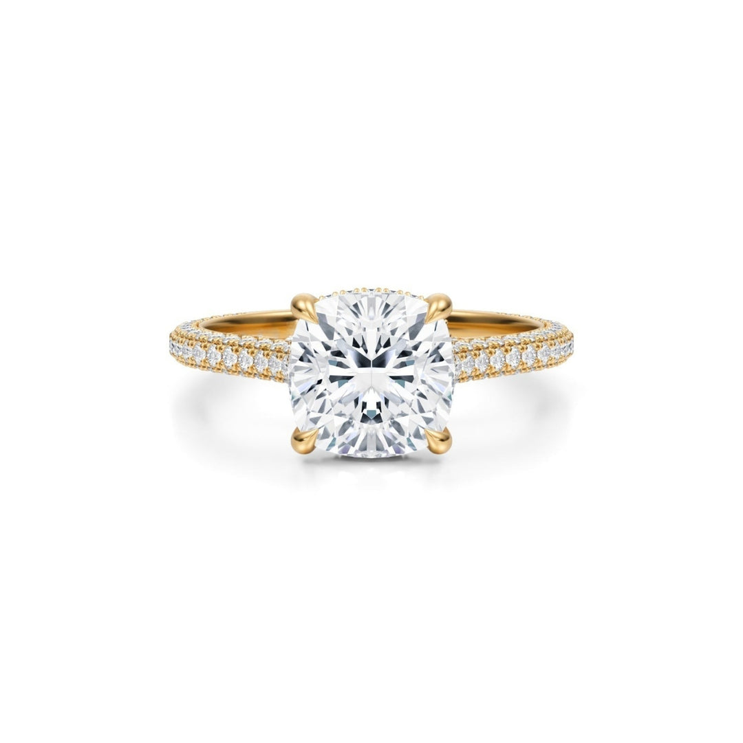 Cushion Trio Pave Cathedral Ring With Pave Basket