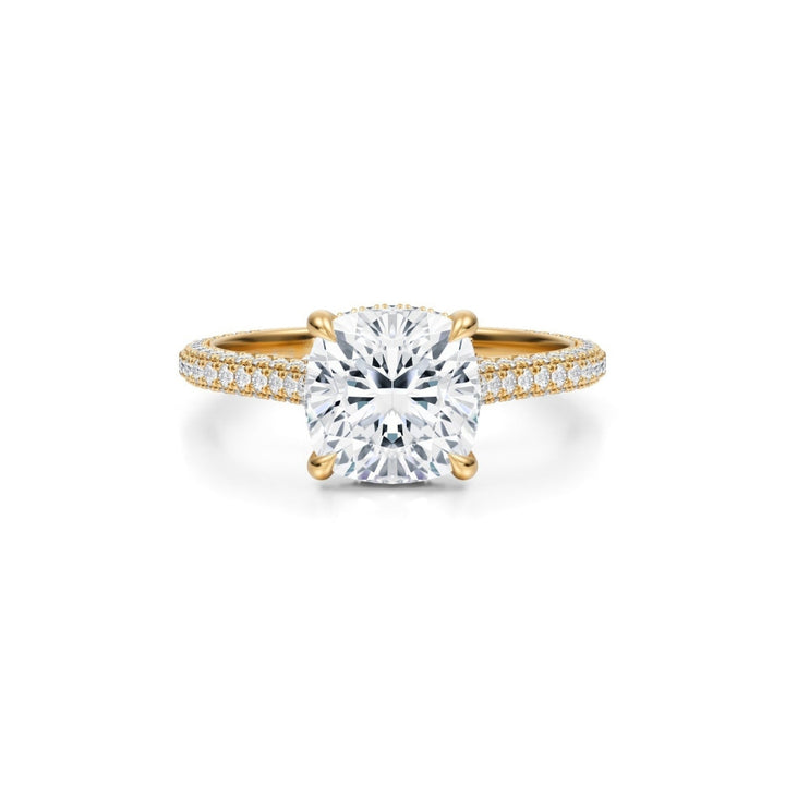 Cushion Trio Pave Cathedral Ring With Pave Basket