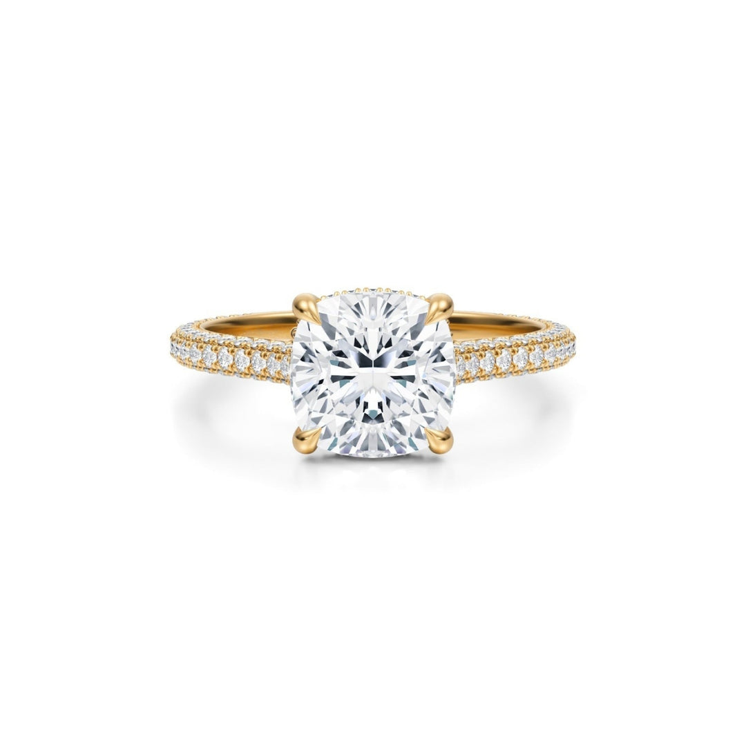 Cushion Trio Pave Cathedral Ring With Low Pave Basket