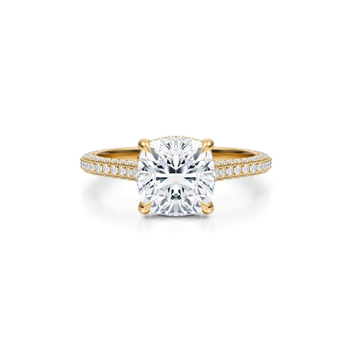 Cushion Trio Pave Cathedral Ring With Low Pave Basket