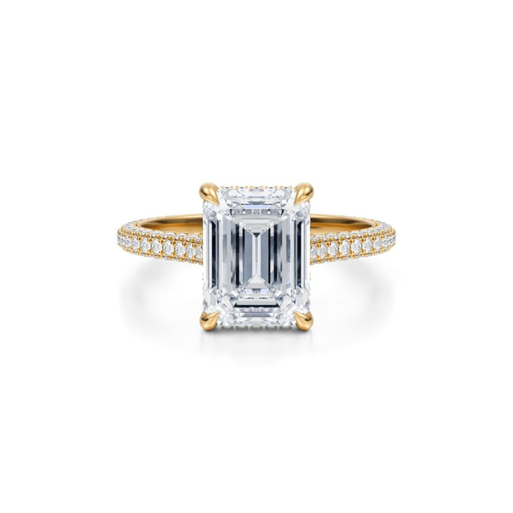 Emerald Trio Pave Cathedral Ring With Low Pave Basket