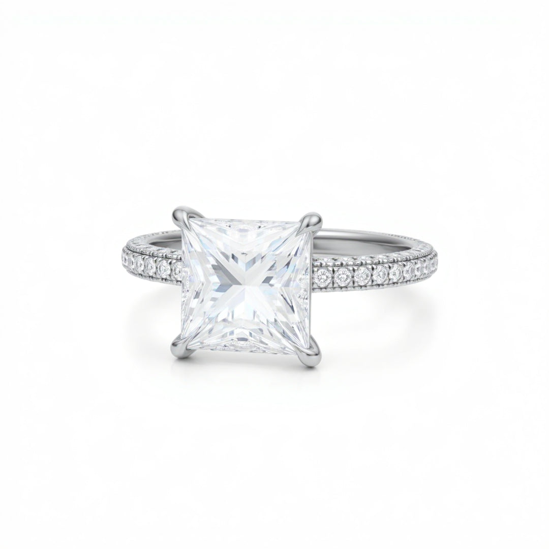 Princess Diamond Basket With Three Row Pave Ring