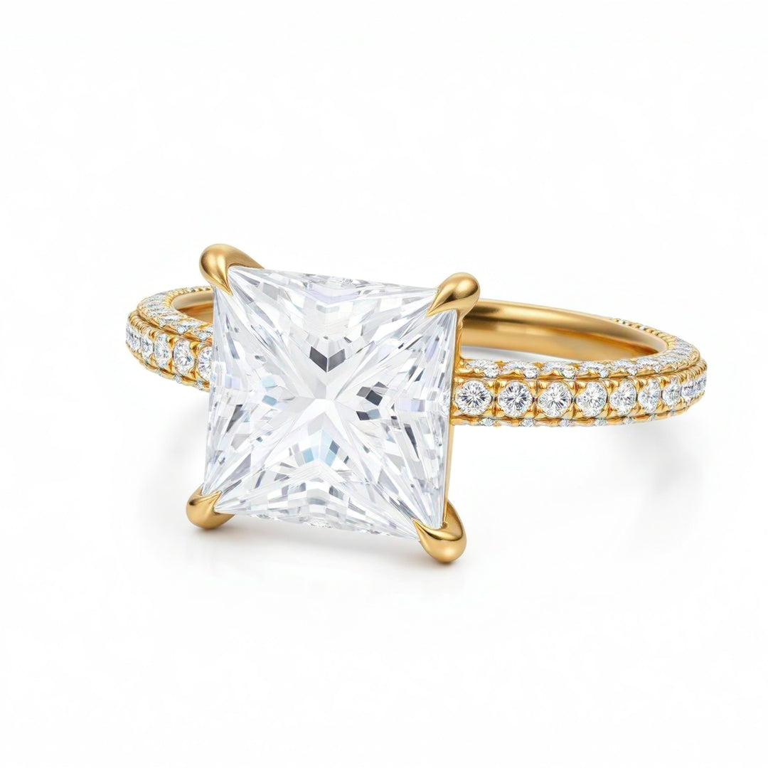 Princess Diamond Basket With Three Row Pave Ring