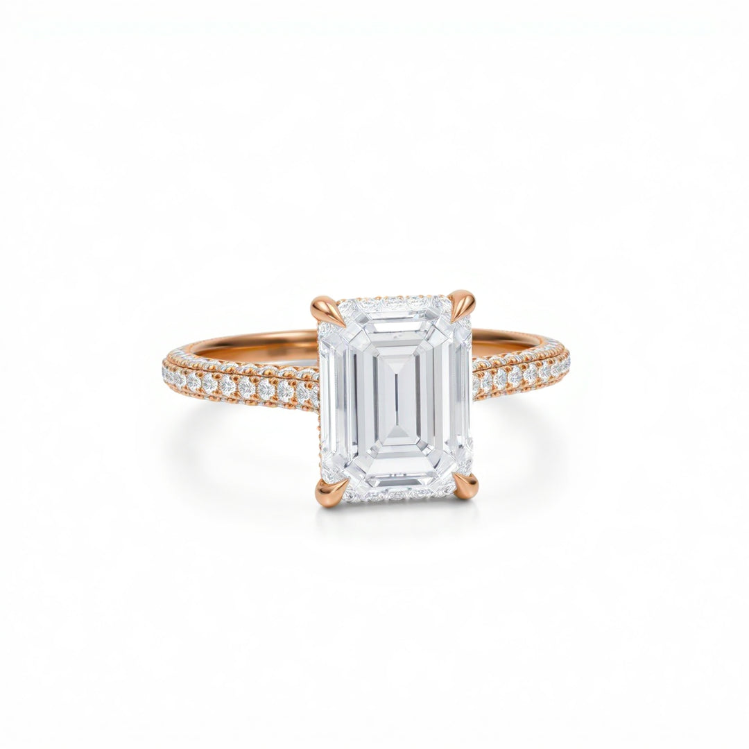 Emerald Three Row Pave Cathedral Ring With Diamond Basket