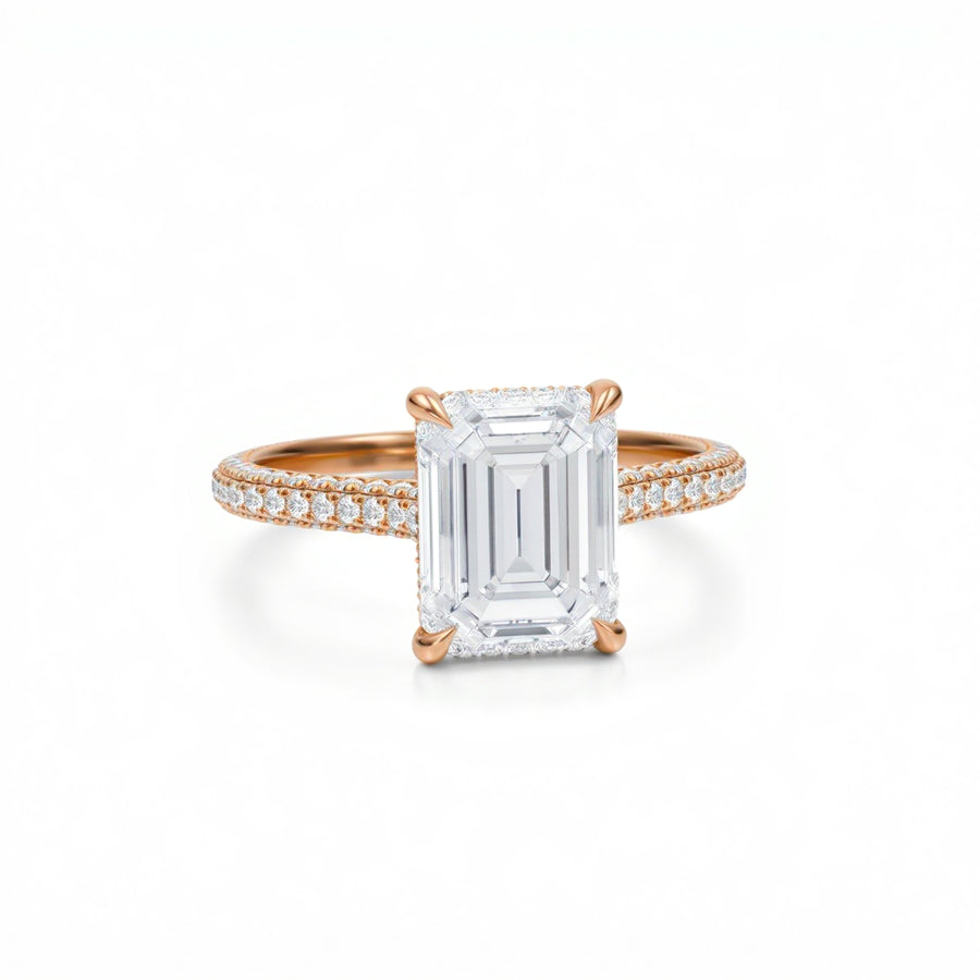 Emerald Three Row Pave Cathedral Ring With Diamond Basket