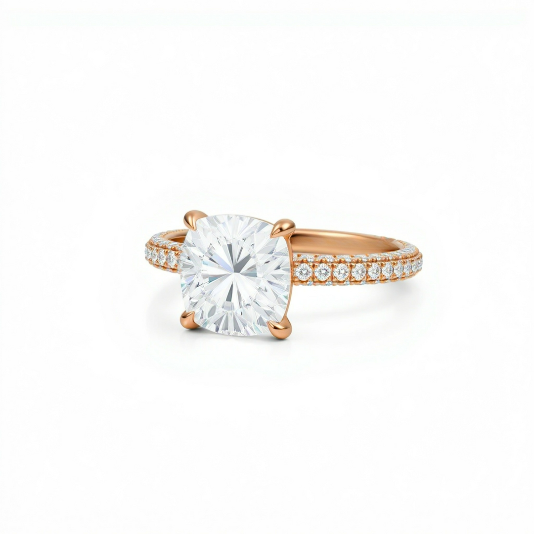 Cushion Diamond Basket With Three Row Pave Ring