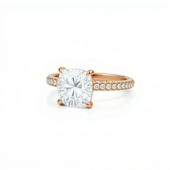 Cushion Three Row Pave Ring With Pave Prongs