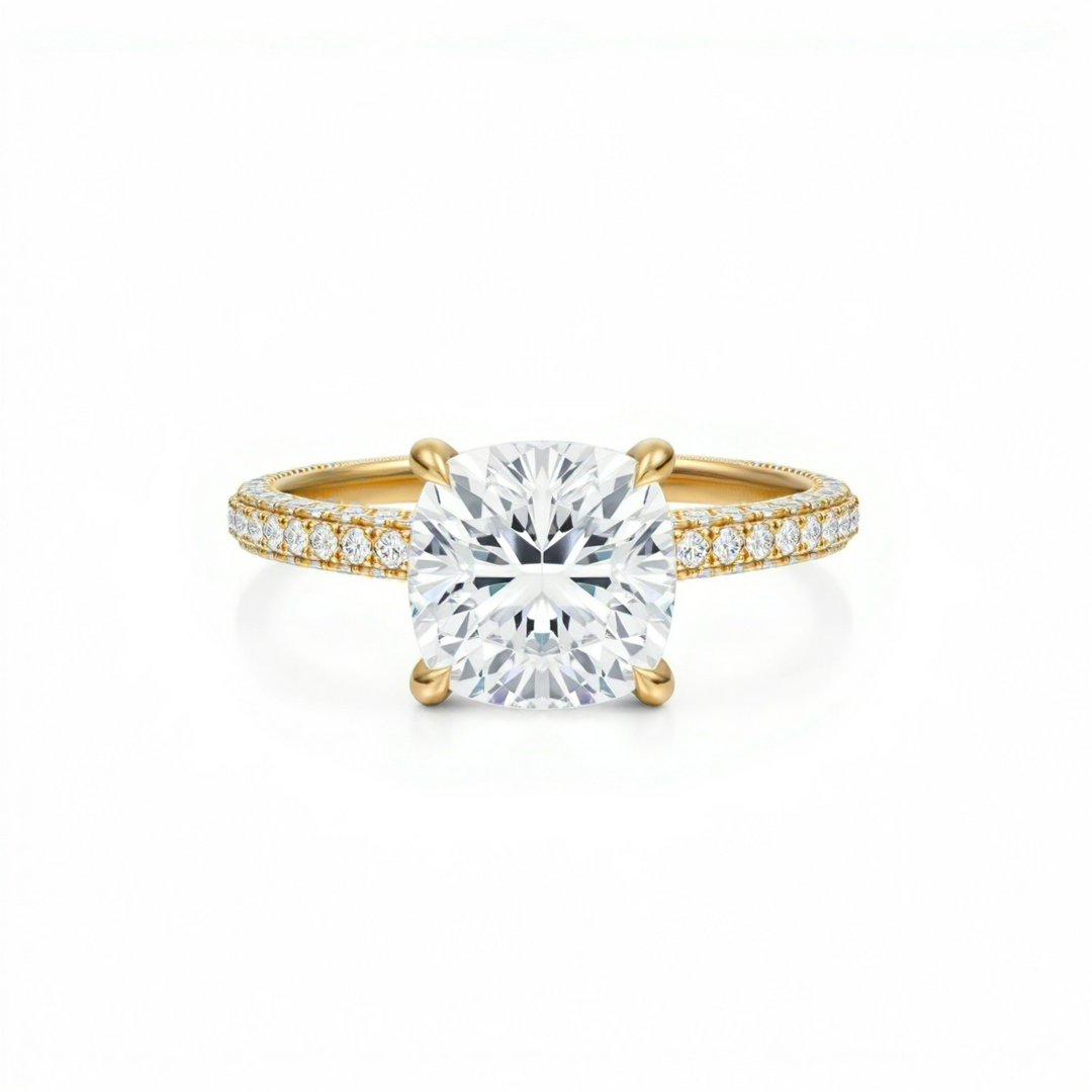 Cushion Three Row Pave Ring With Pave Prongs