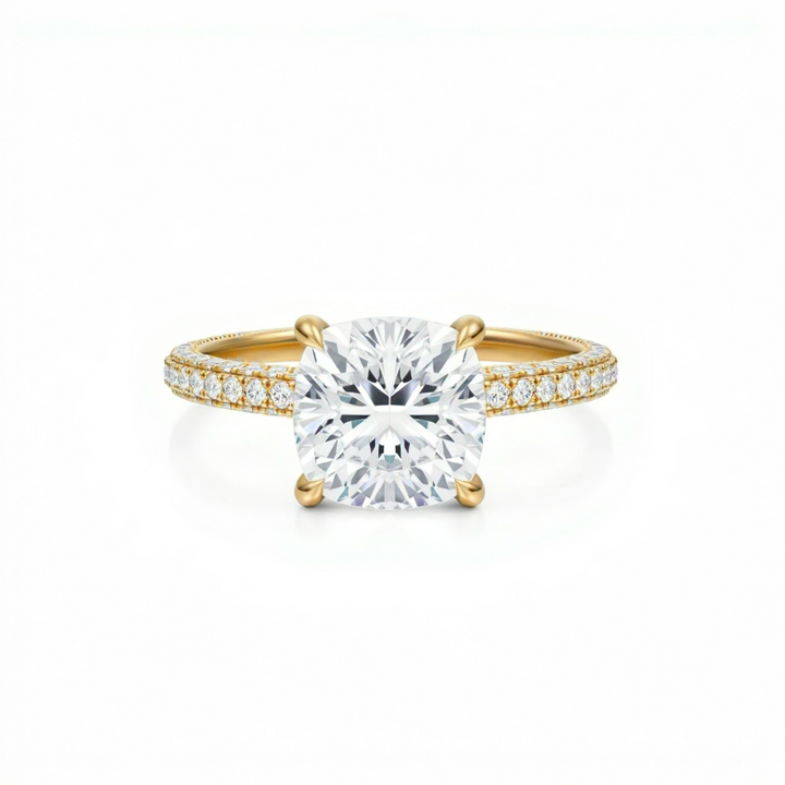 Cushion Three Row Pave Ring With Pave Prongs